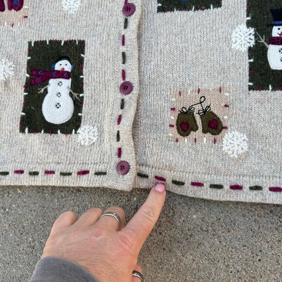VTG Petite Rustic Cabincore Snowman Patchwork Christmas Cardigan Sweater MEDIUM - Picture 6 of 8